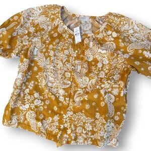 Loft Gold Metallic Paisley Button Front Puff Sleeve Blouse Top size Large